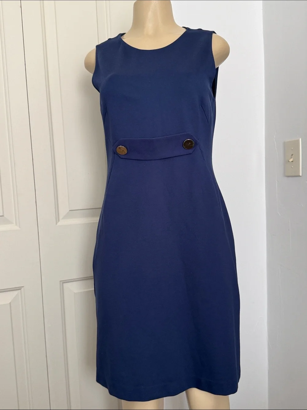 Tory Burch Navy Sleeveless Shift Dress with Button Tab